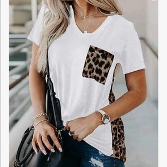NEW White Leopard  Patch Crewneck Short Sleeve Graphic Tee Shirt - Picture 1 of 4
